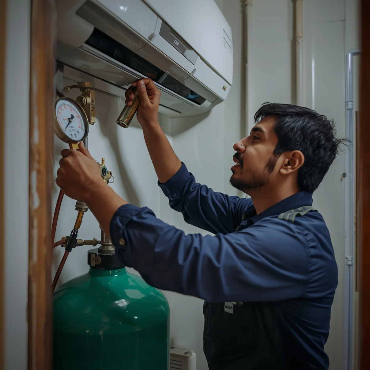 AC gas refill service in Dhaka - technician from Jeet Refrigeration And AC Service Center Ltd. checking refrigerant pressure