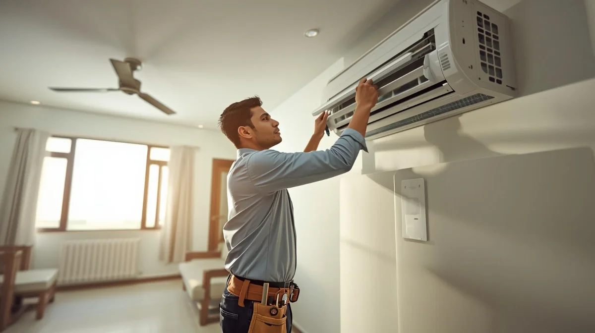 AC repair technician working on split AC in Motijheel Dhaka