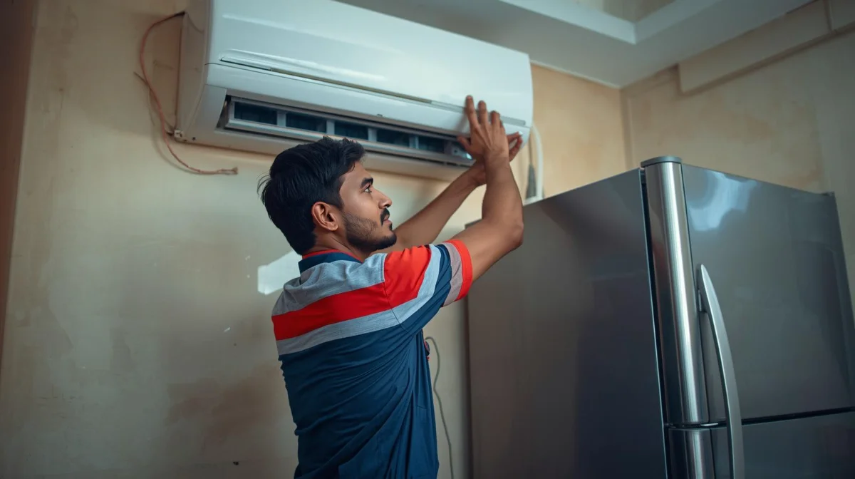 AC repair technician servicing an air conditioner in Mirpur, Dhaka