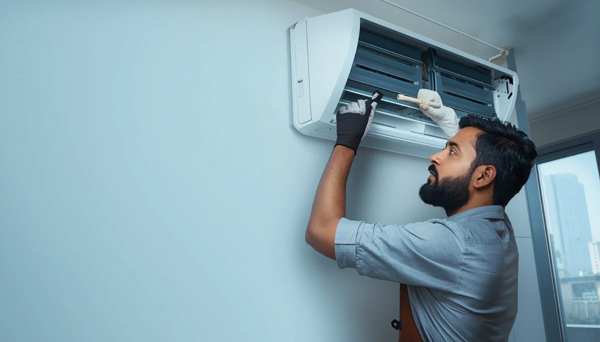 AC repair technician servicing a split AC unit in Mohakhali, Dhaka — Jeet Refrigeration And AC Service Center Ltd.