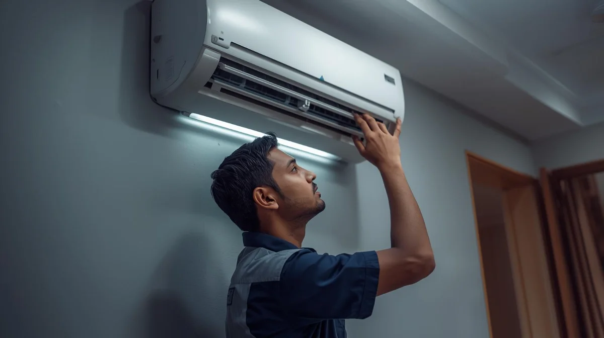 AC repair technician from Jeet Refrigeration And AC Service Center Ltd. servicing an air conditioner in Mohammadpur, Dhaka