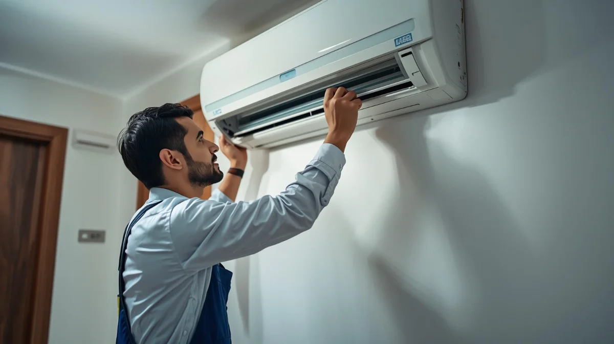 AC repair technician servicing an air conditioner in Uttara, Dhaka