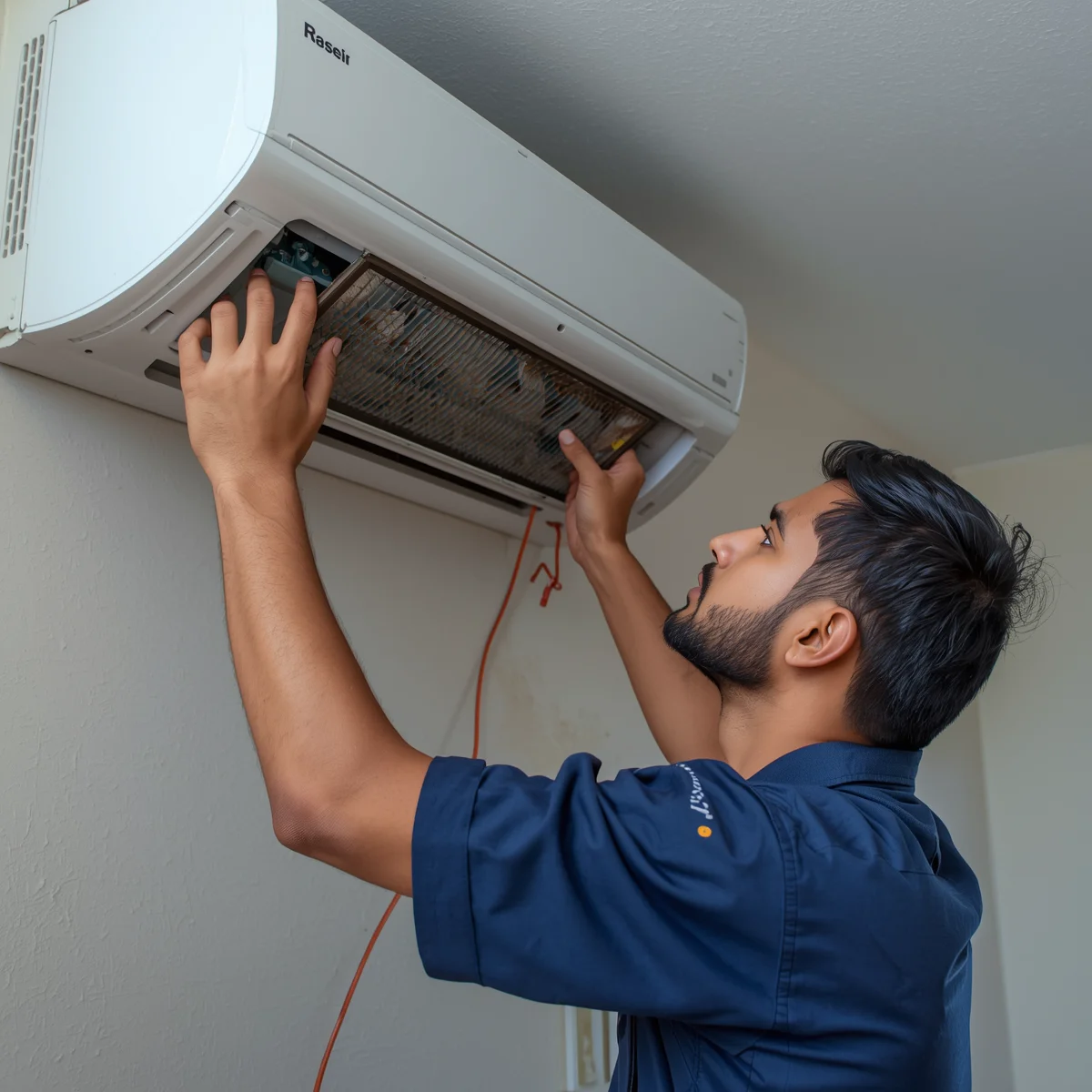 AC servicing in Dhaka - Jeet Refrigeration And AC Service Center Ltd. technician cleaning split AC