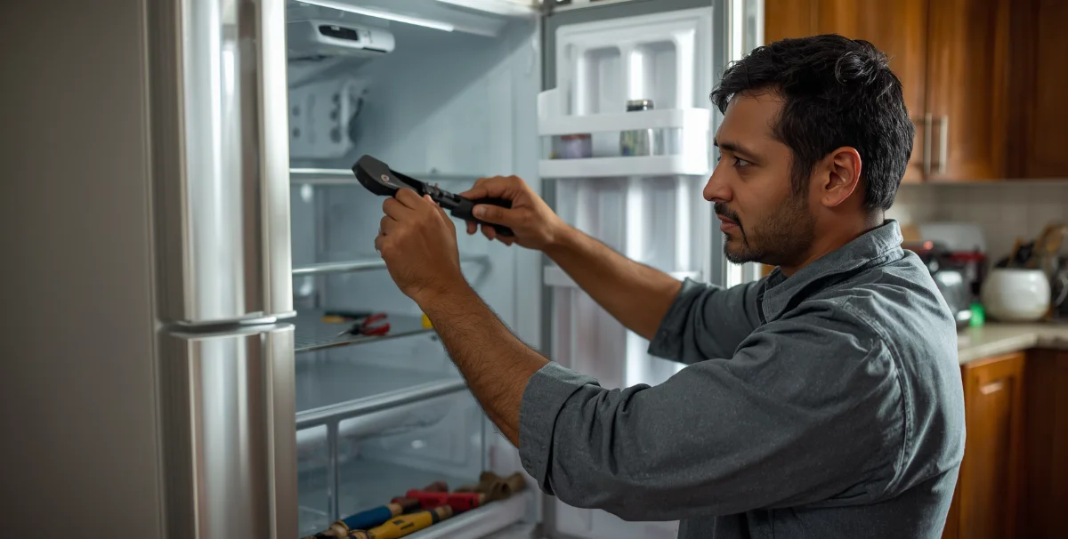 Fridge not cooling repair in Dhaka - Jeet Refrigeration And AC Service Center Ltd. technician diagnosing refrigerator problem