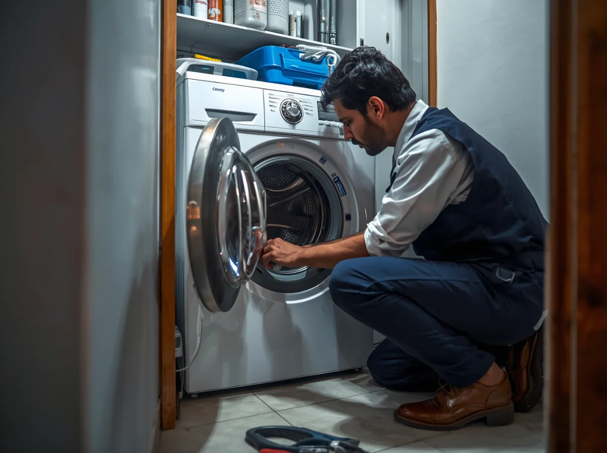 Washing machine repair technician working at a home in Dhaka